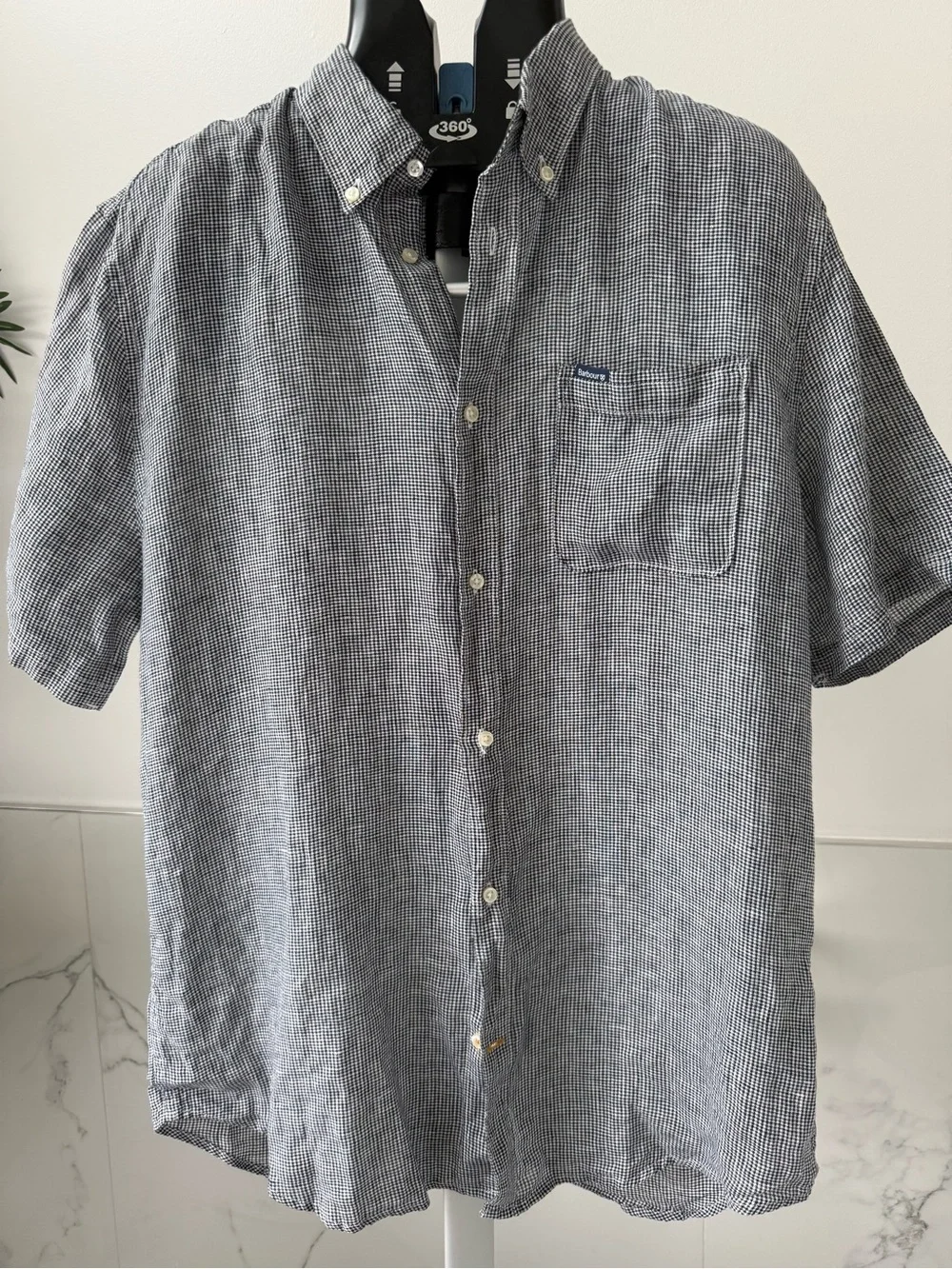 Barbour 100% Linen Blue Micro-Check Short-Sleeve Button-Down Shirt